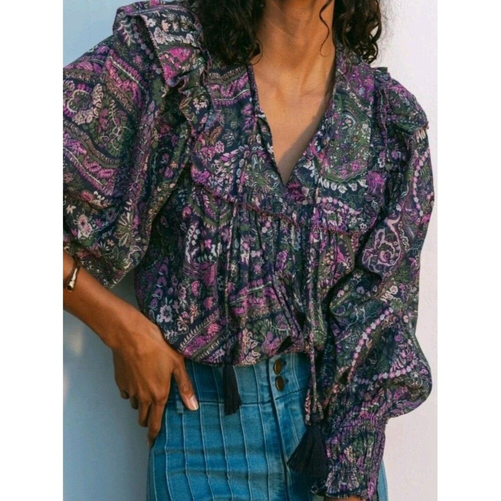 Cleobella Ainsley Blouse M Purple Caymen Paisley Bishop Sleeve Organic Cotton